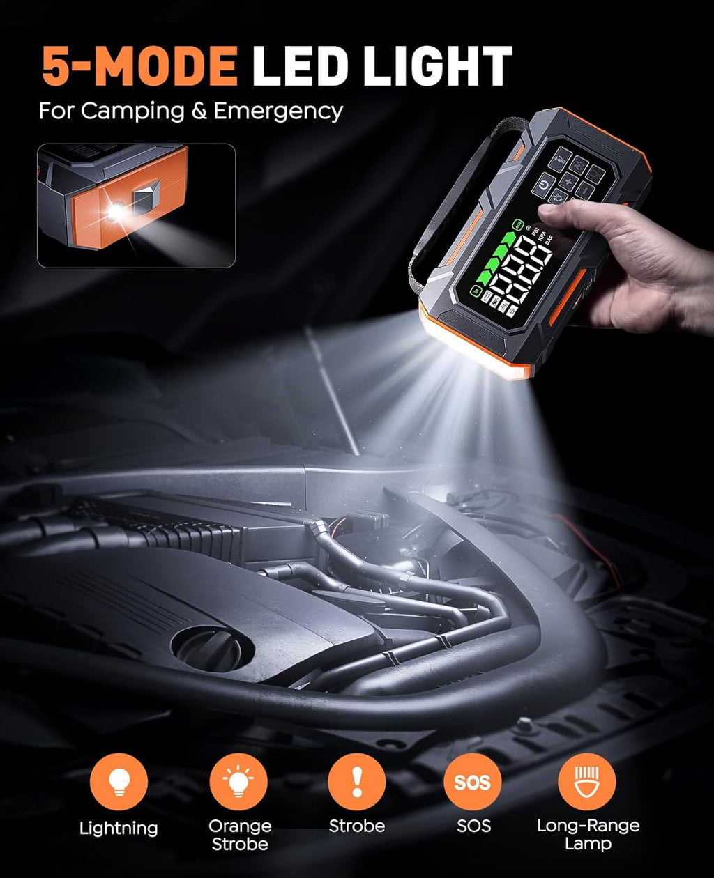 16-In-1 Car Jump Starter with Air Compressor 160PSI, 8000A Jump Starter Jump Box (All Gas 12L Diesel), Jumper Cables Jumper Starter Portable with Car Roadside Emergency Kit, Gloves, Lights