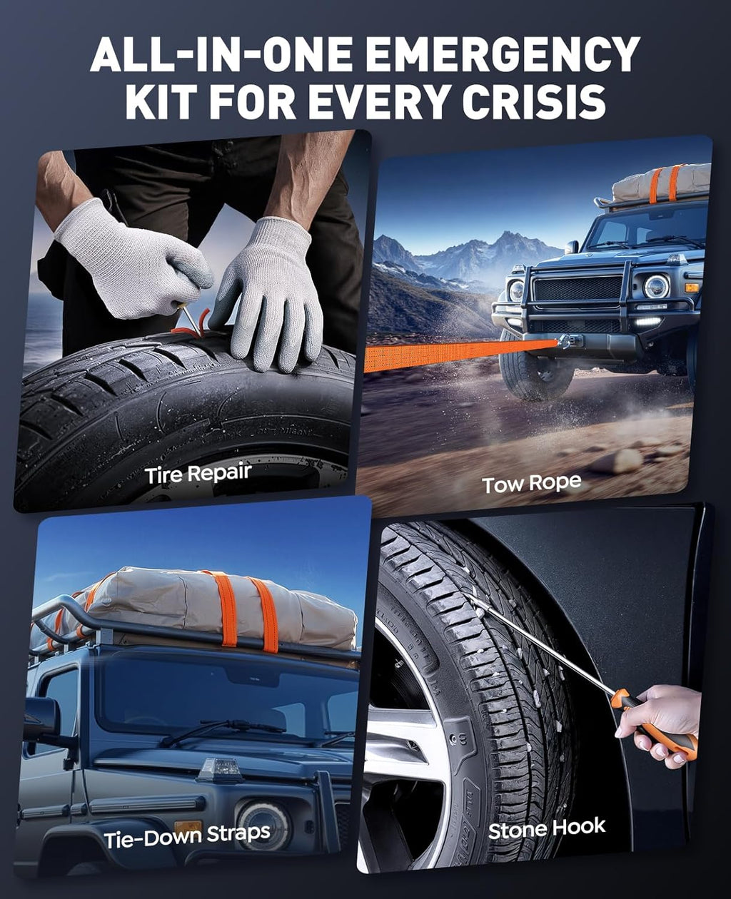 16-In-1 Car Jump Starter with Air Compressor 160PSI, 8000A Jump Starter Jump Box (All Gas 12L Diesel), Jumper Cables Jumper Starter Portable with Car Roadside Emergency Kit, Gloves, Lights