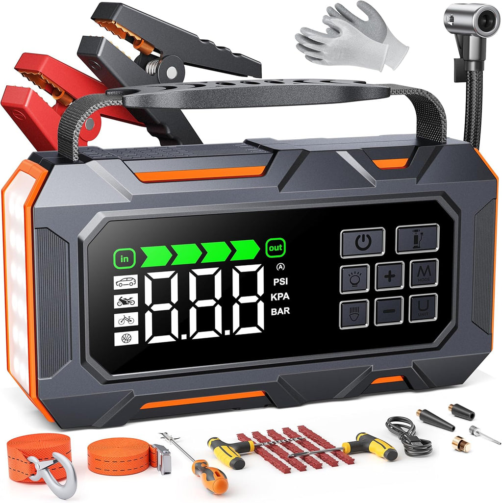 16-In-1 Car Jump Starter with Air Compressor 160PSI, 8000A Jump Starter Jump Box (All Gas 12L Diesel), Jumper Cables Jumper Starter Portable with Car Roadside Emergency Kit, Gloves, Lights