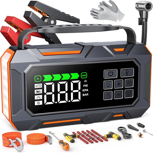 16-In-1 Car Jump Starter with Air Compressor 160PSI, 8000A Jump Starter Jump Box (All Gas 12L Diesel), Jumper Cables Jumper Starter Portable with Car Roadside Emergency Kit, Gloves, Lights
