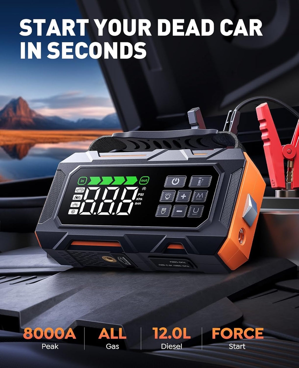 16-In-1 Car Jump Starter with Air Compressor 160PSI, 8000A Jump Starter Jump Box (All Gas 12L Diesel), Jumper Cables Jumper Starter Portable with Car Roadside Emergency Kit, Gloves, Lights